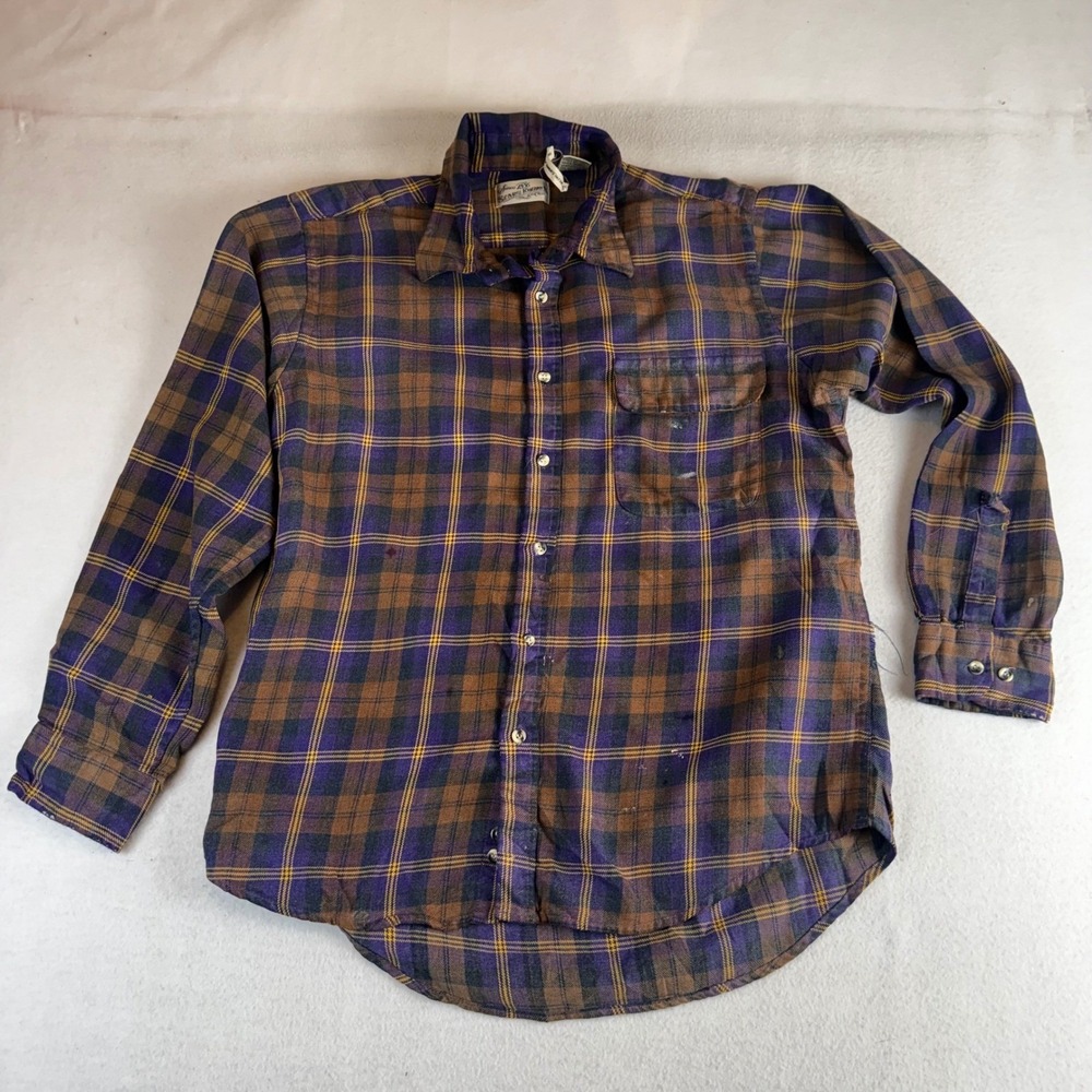 Vintage Sears Roebuck Plaid Flannel Shirt Men's Large Purple Brown Yellow Grunge